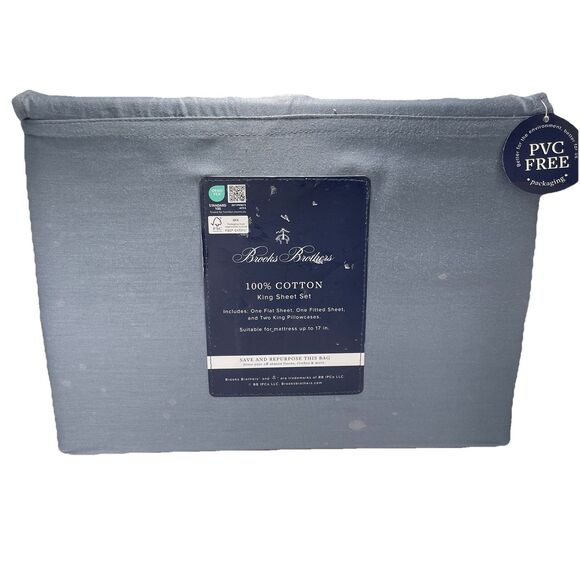 Brooks Brothers Solid Blue KING 100% Cotton Sheet Set NEW - Picture 1 of 5